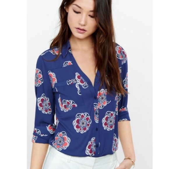 Express Tops - EXPRESS Blue Floral Portofino Blouse NWT